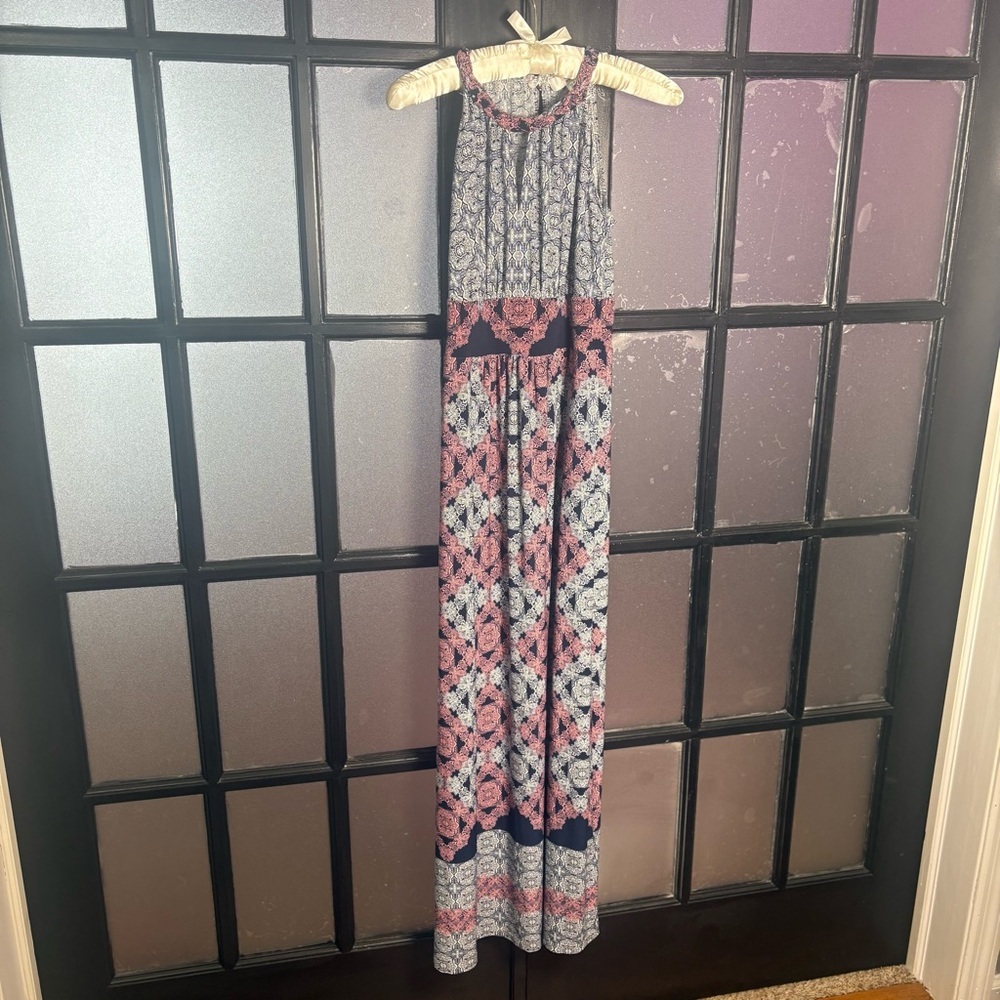 Wisp Petites Boho Maxi Dress Navy Pink Paisley Sleeveless US 2P